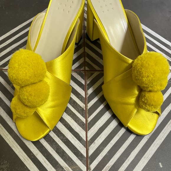 Trademark Yellow Satin Pom Pom Mules - Picture 6 of 7